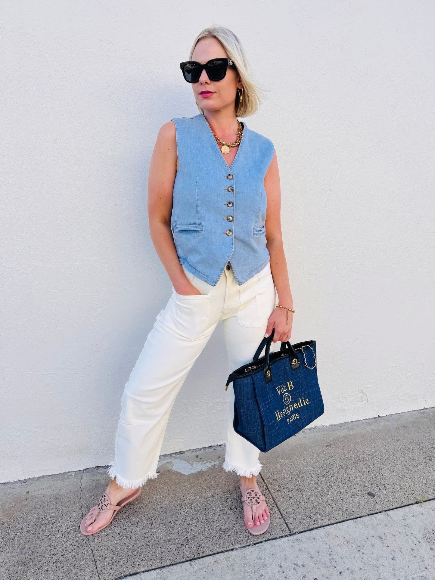 Stretch Denim Button Down Vest