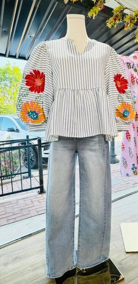 Embroidered Stripe Babydoll Top