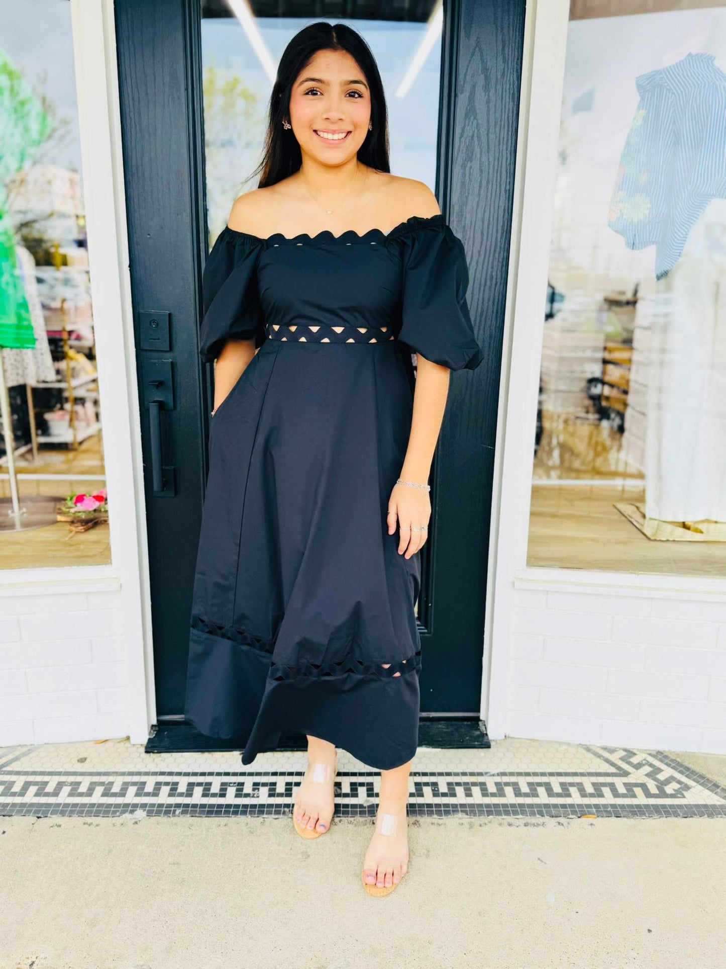 Black Square Neck Midi Dress