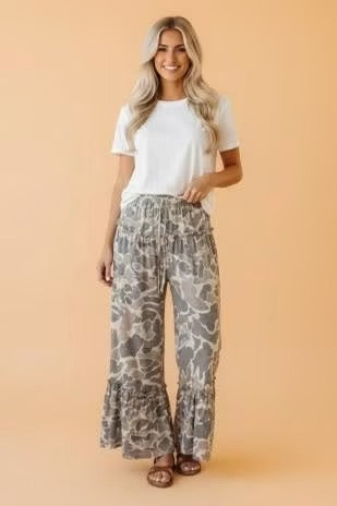 Abstract Camo Ruffle Tiered Pants