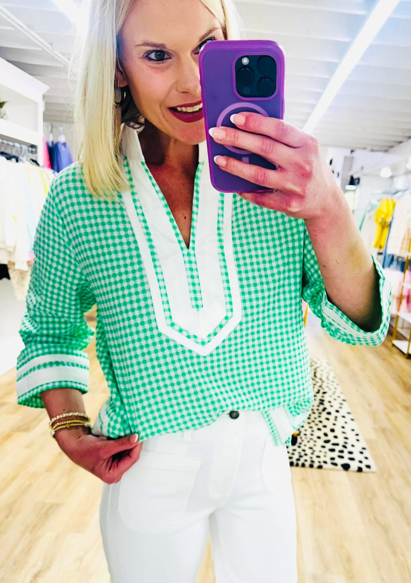 Everyday Gingham Green 3/4 Blse
