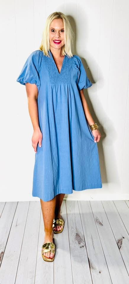 Blue Front Yoke Midi Dress