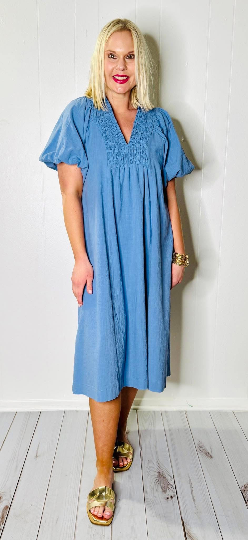 Blue Front Yoke Midi Dress