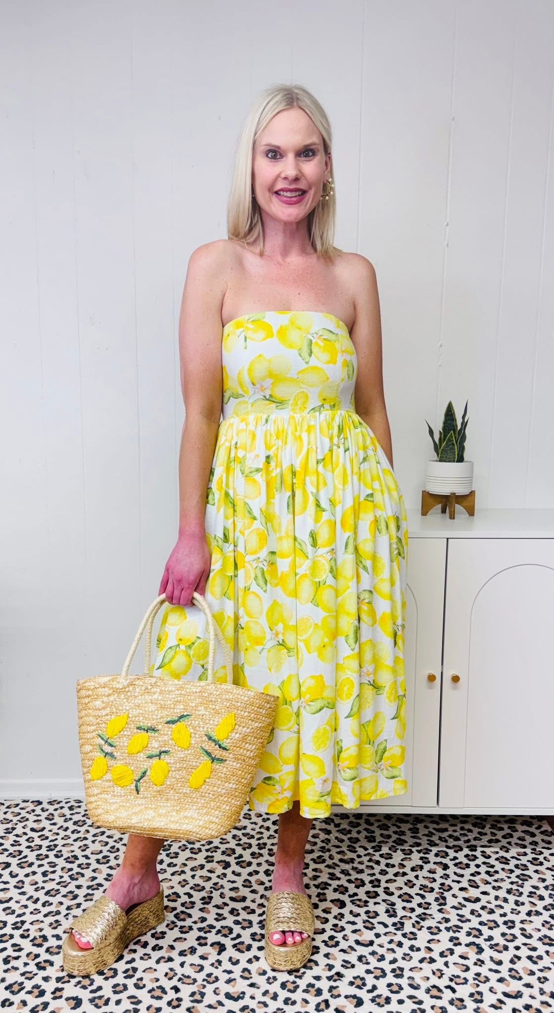 Strapless Lemon Print Midi Dress