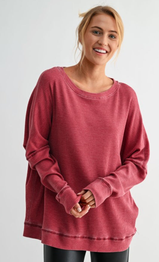 Waffle Ribbed Roundneck Pullover