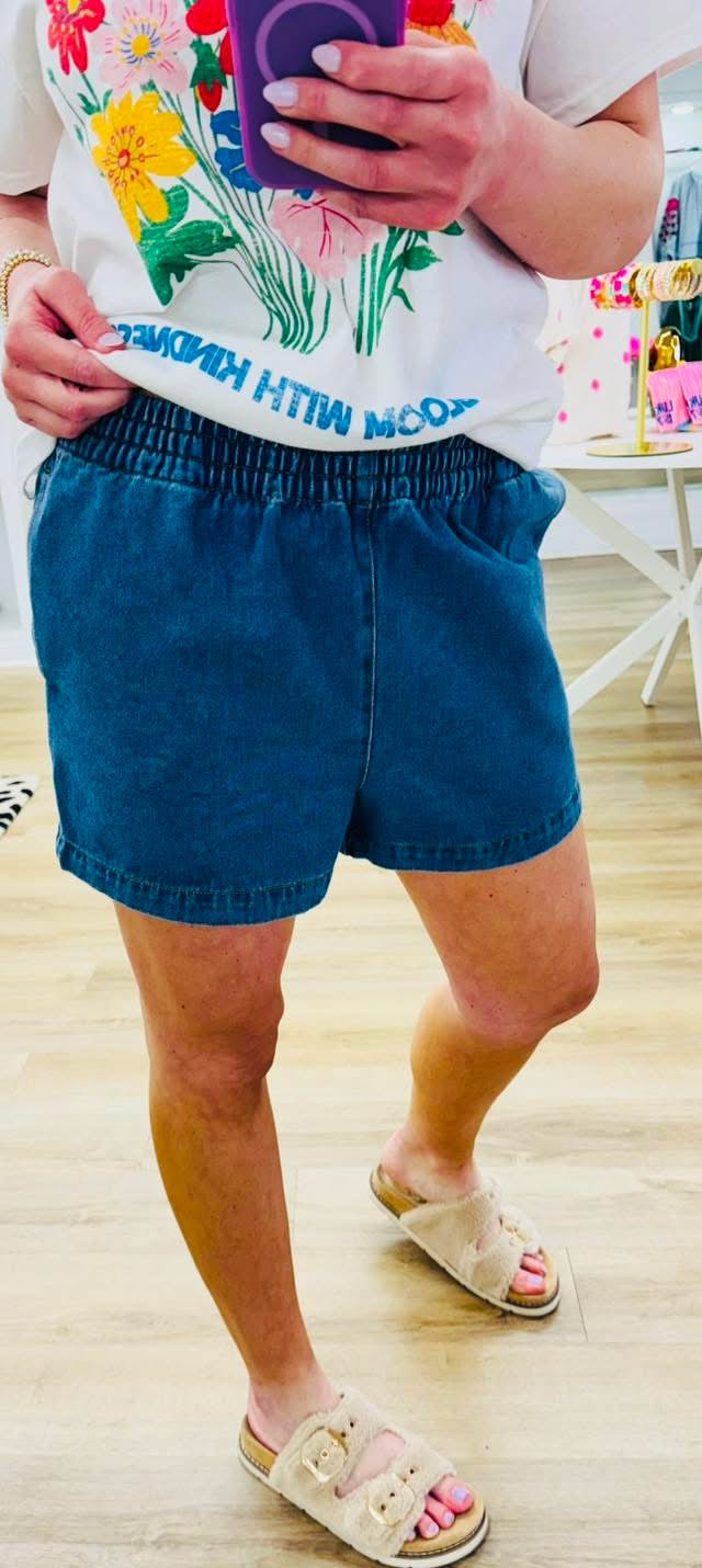 Elastic Waist Mineral Denim Shorts