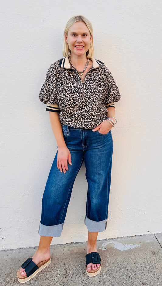 Leopard Pattern Half Zip Top