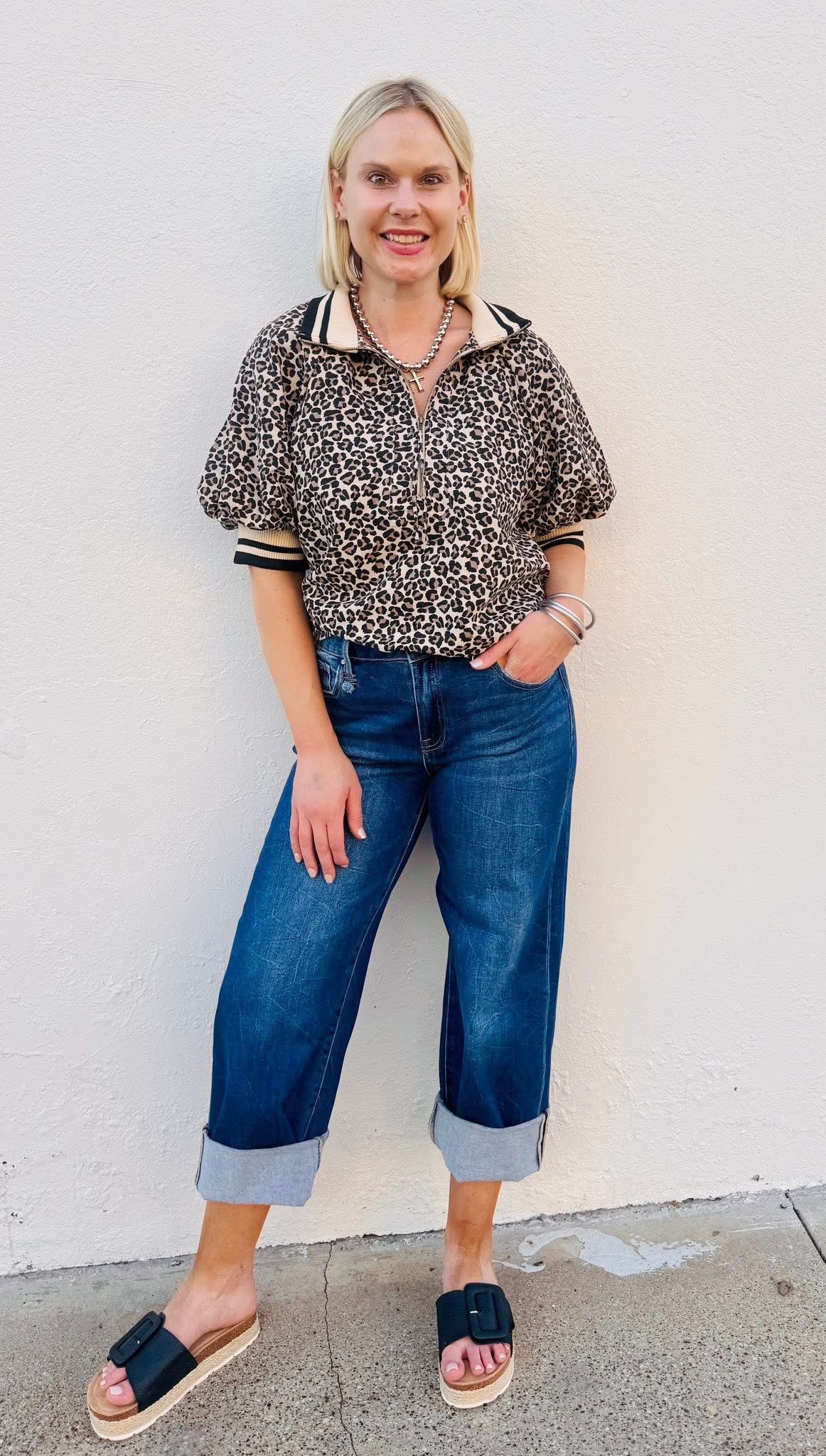 Leopard Pattern Half Zip Top