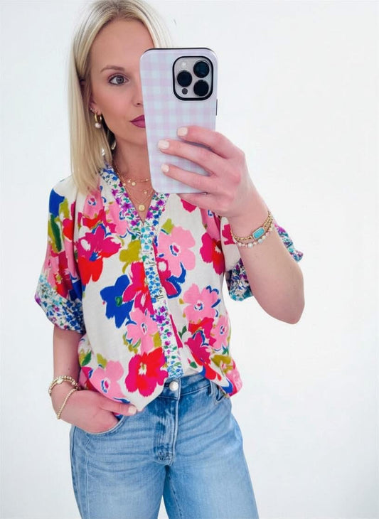 Pink Mix Brushed Floral Print Top