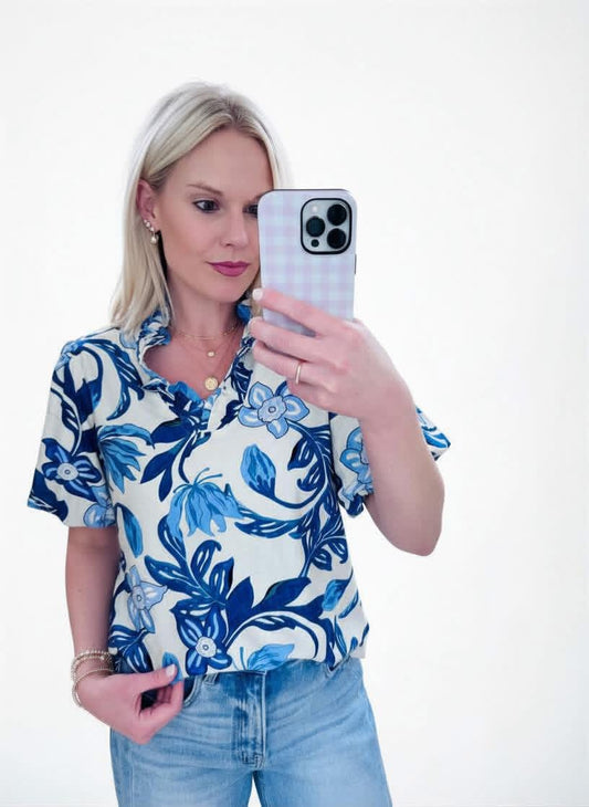 Lush Blossom Blue Floral Print Top