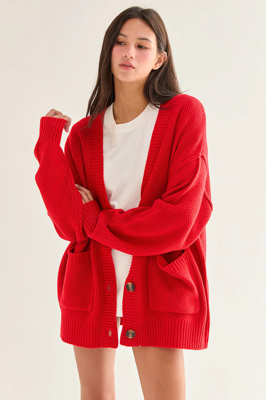 Red Button Front Oversized Cardi