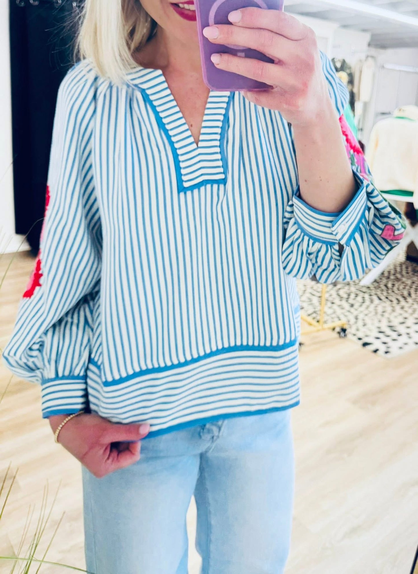 Petals & Pinstripes Puff SleeveTop