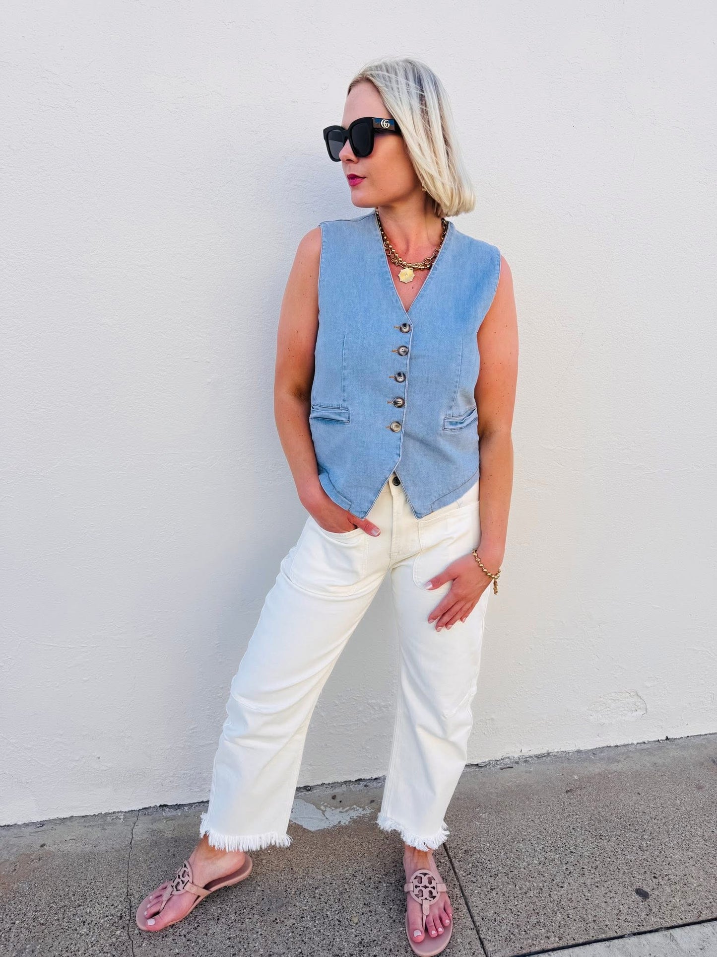 Stretch Denim Button Down Vest