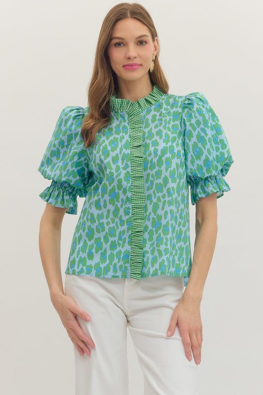 Bright Side Green Leopard Top