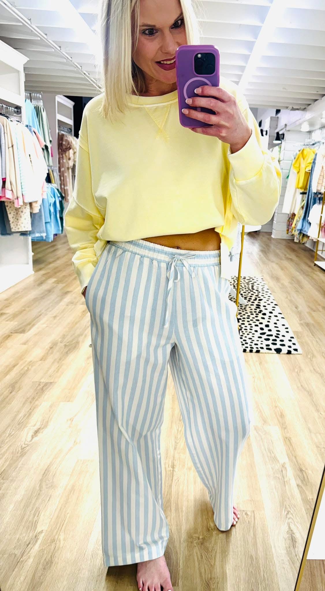 Blue Vertical Striped Elastic Pants