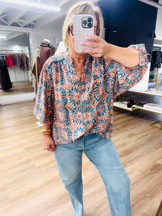 Sips & Smiles Blue Abstract Top