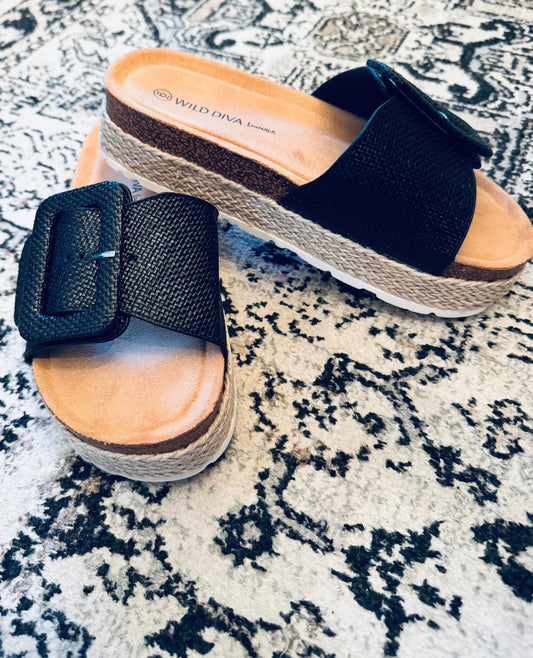 Black Raffia Platform Sandal