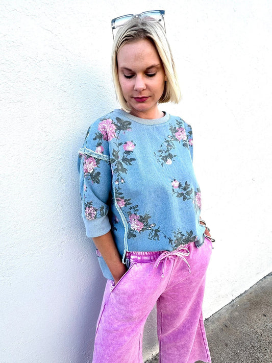 Graceful Bloom Floral Denim Top