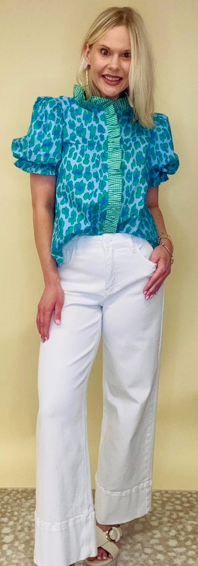 Bright Side Green Leopard Top