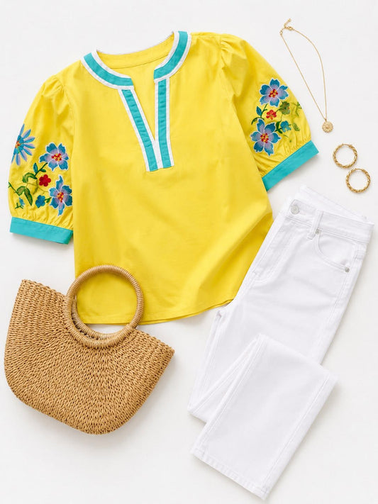 Sweet Sunshine Yellow Embrd Top