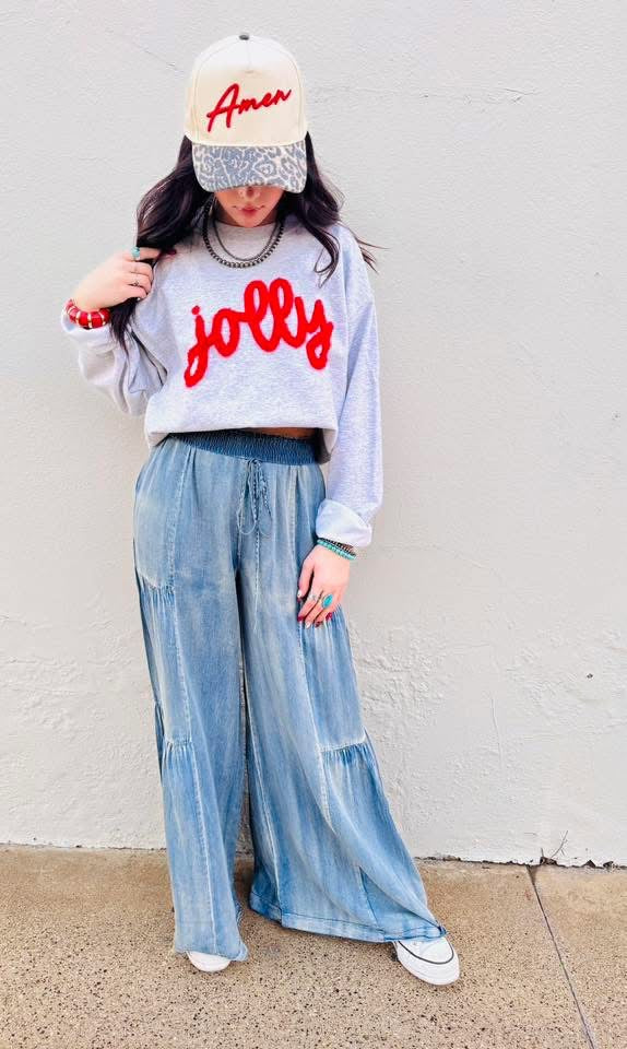 Ruffled Side Washed Denim Pants