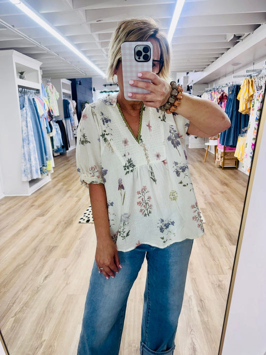 Tea Garden Chic Cream Floral Top