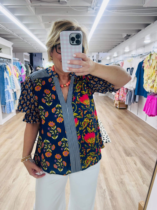 Dreaming Of Florals Navy Blue Top