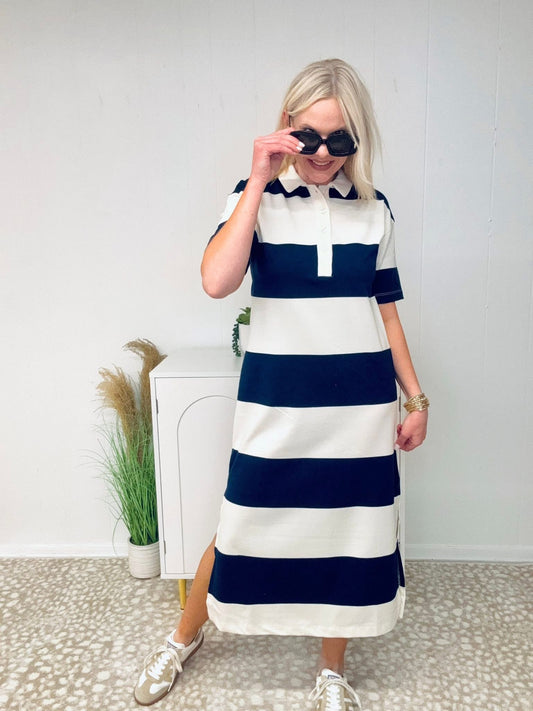 Navy Contrast Collar Midi Dress