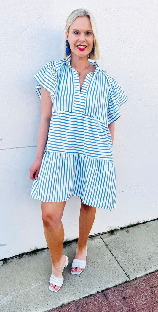 Striped Flutter Sleeve Dress