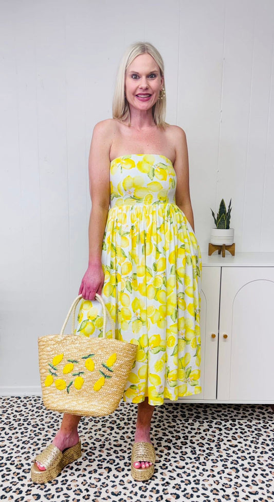 Strapless Lemon Print Midi Dress