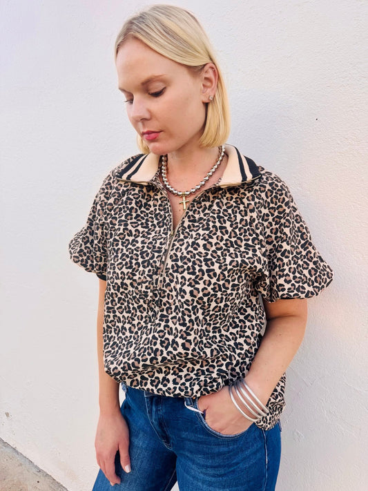 Leopard Pattern Half Zip Top