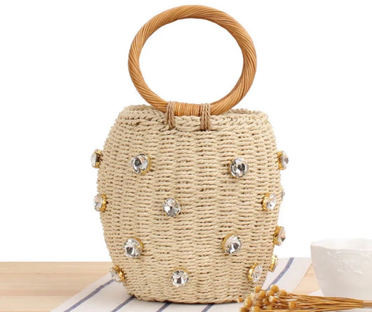 Studded Straw Hobo Bag