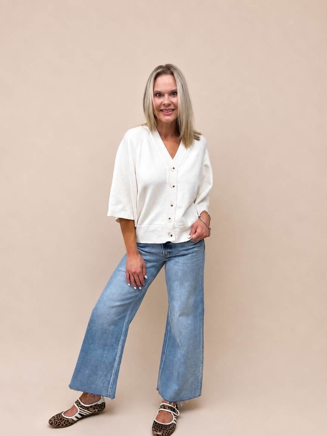 V-Neckline 3/4 Sleeve Cardigan