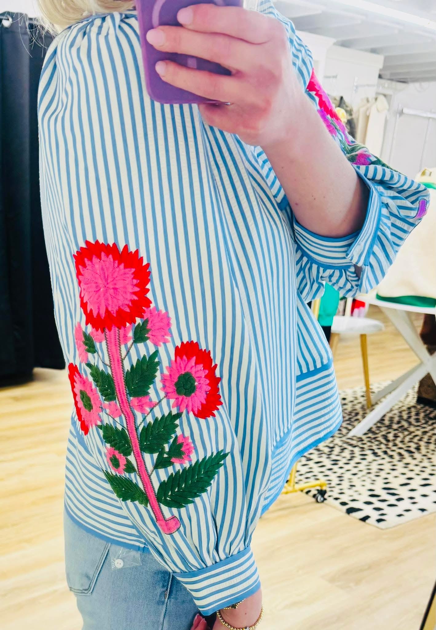 Petals & Pinstripes Puff SleeveTop