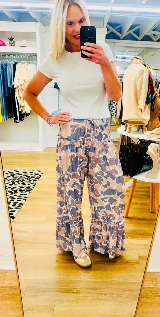 Abstract Camo Ruffle Tiered Pants