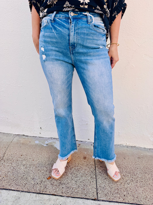 High Rise Straight Raw Hem Jeans